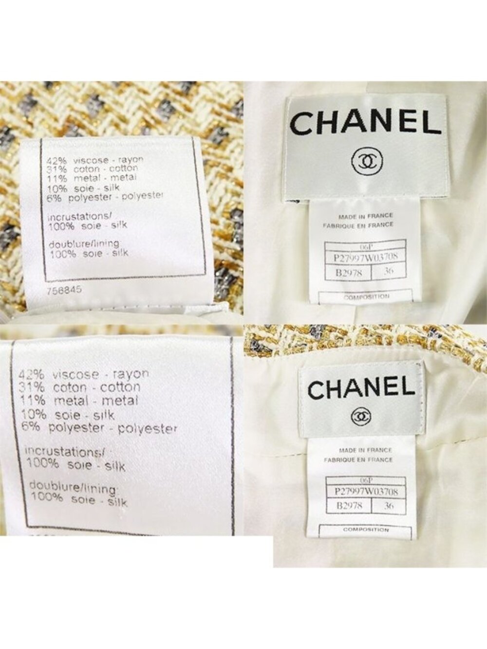 Chanel Tweed Jacket Skirt Ivory Gold Rayon 06P 36 - Picture 9 of 9